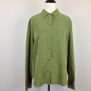 Jones Wear Top Womens 14 Army Green Silky Button